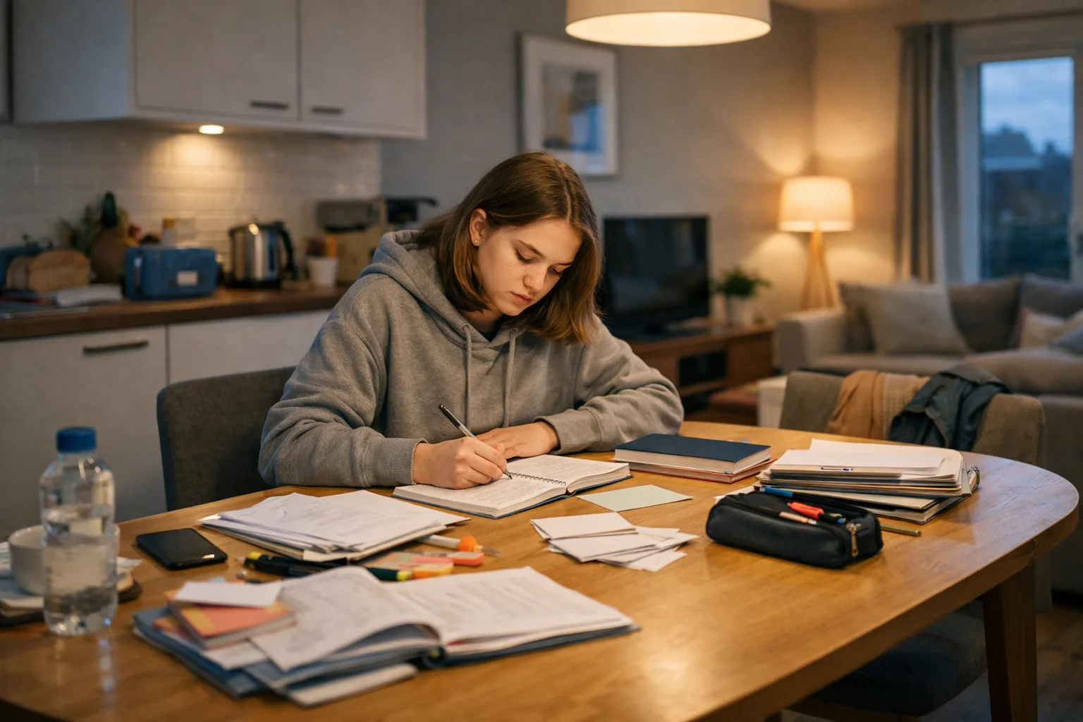 A teenager revises at the family dining table in the evening, while the shared space has been temporarily reorganised around exam season.