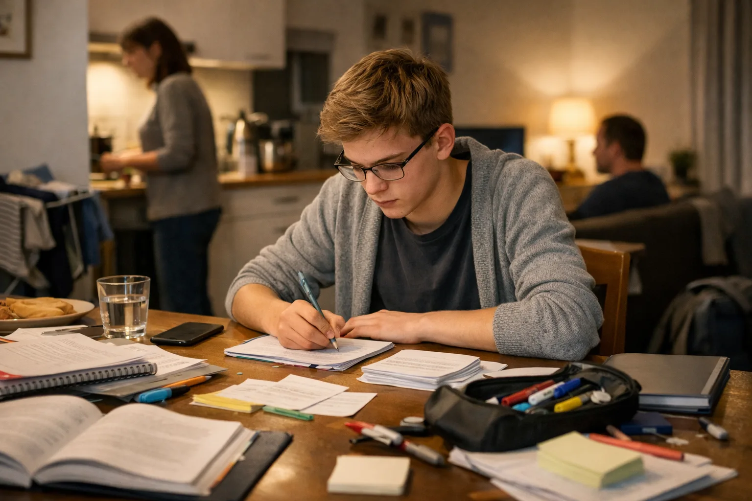 Un adolescent révise à la table familiale du soir, devenue provisoirement le centre des examens dans la maison.