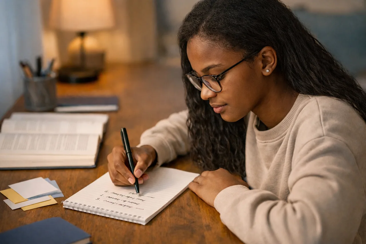 Un adolescent prépare lui-même son plan de révision sur une feuille claire avant de commencer à travailler.