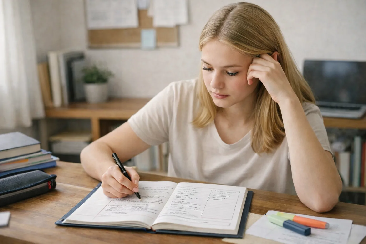 Jugendliche Person organisiert Unterrichtsnotizen im Cornell-Format, um sie später besser zu wiederholen.