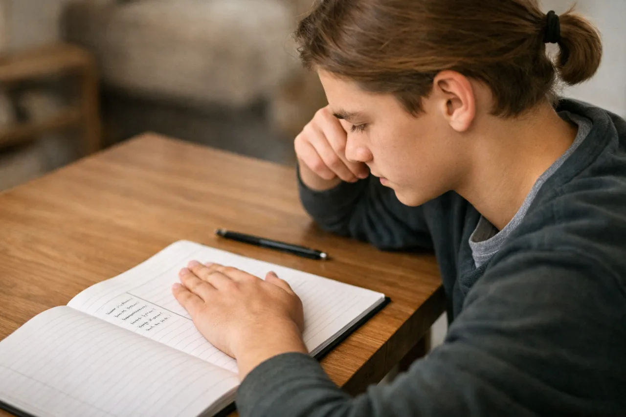 Lernende Person nutzt eine Cornell-Seite, um sich mit abgedeckter Notizspalte aus dem Gedächtnis zu prüfen.