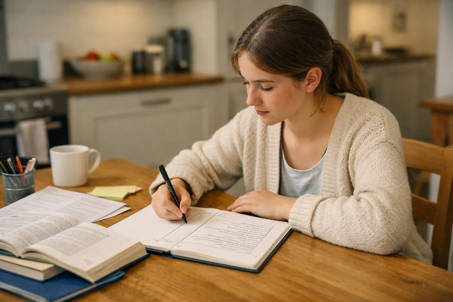 Secondary-school student organising an open notebook in Cornell format during a calm home study session.