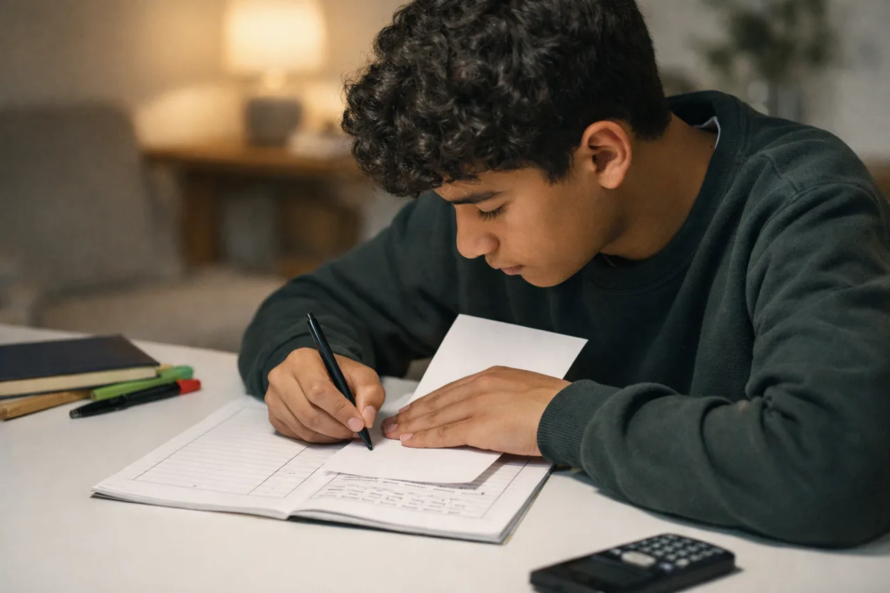 Student using a Cornell notes page to test memory by covering the main notes column and answering from the cue column.