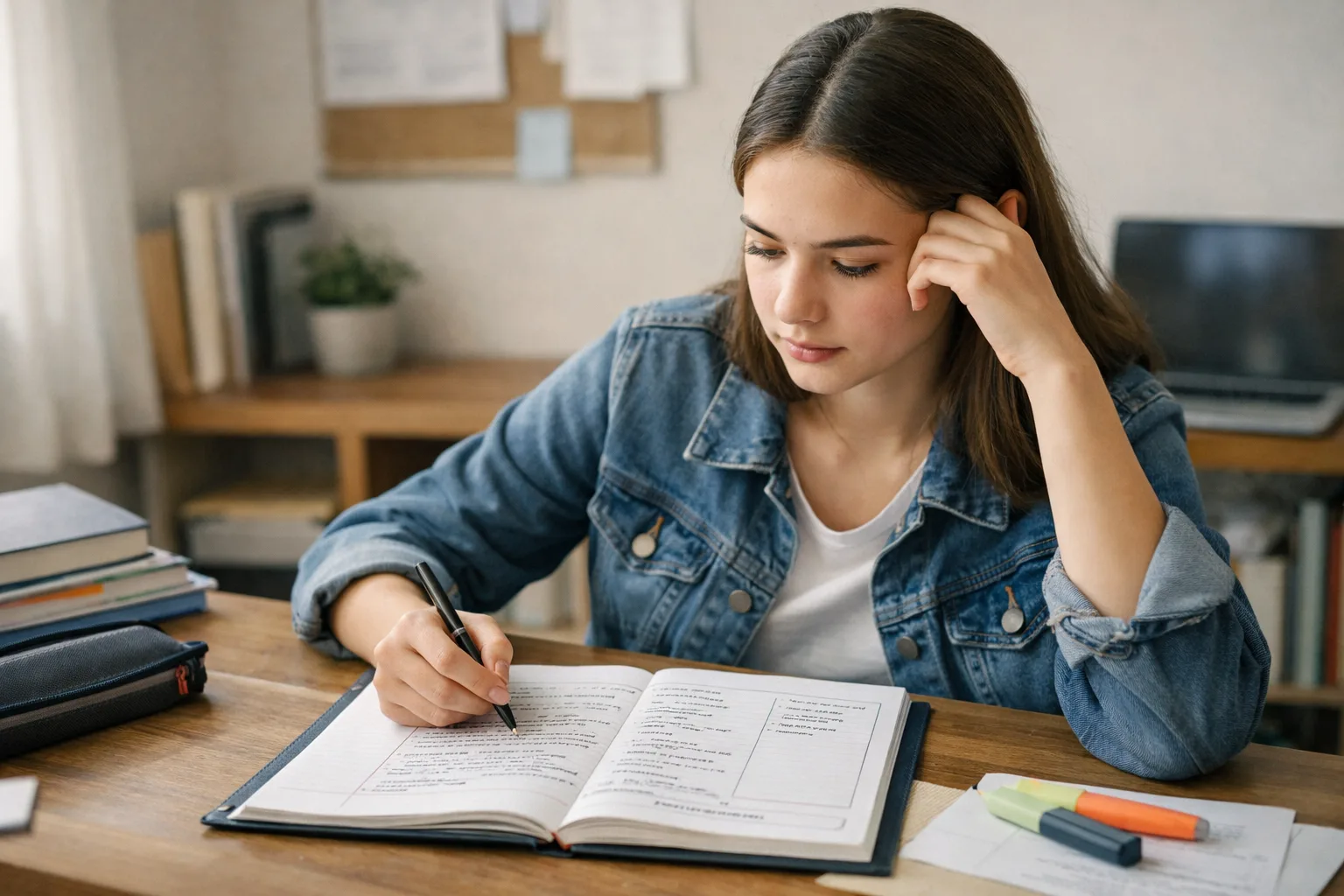 Lycéenne en train d’organiser un cours au format Cornell pour préparer ses révisions.