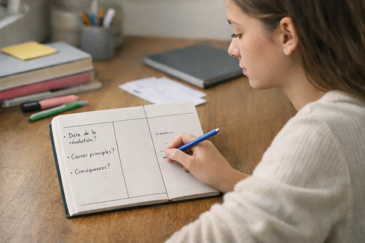 Élève qui utilise une page Cornell pour se tester de mémoire sans regarder ses notes.