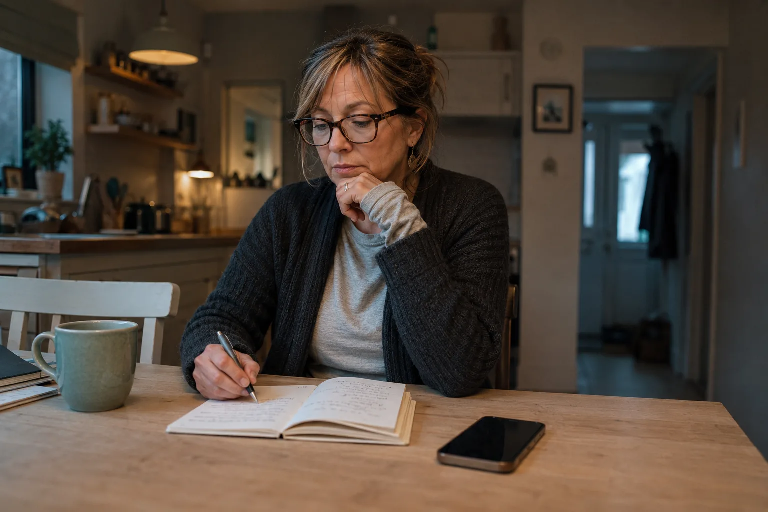 A parent sits at a home table with a phone and notebook, pausing before contacting another parent about a school incident.