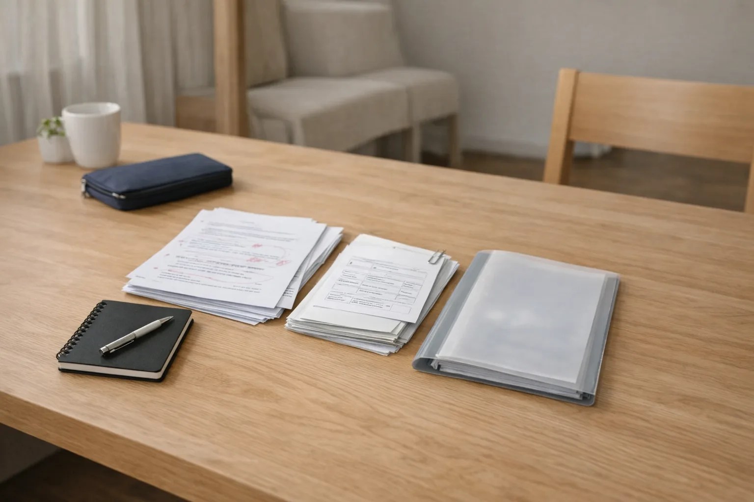 Petit dossier scolaire organisé avec quelques copies, un carnet d’observations et un classeur sur une table.