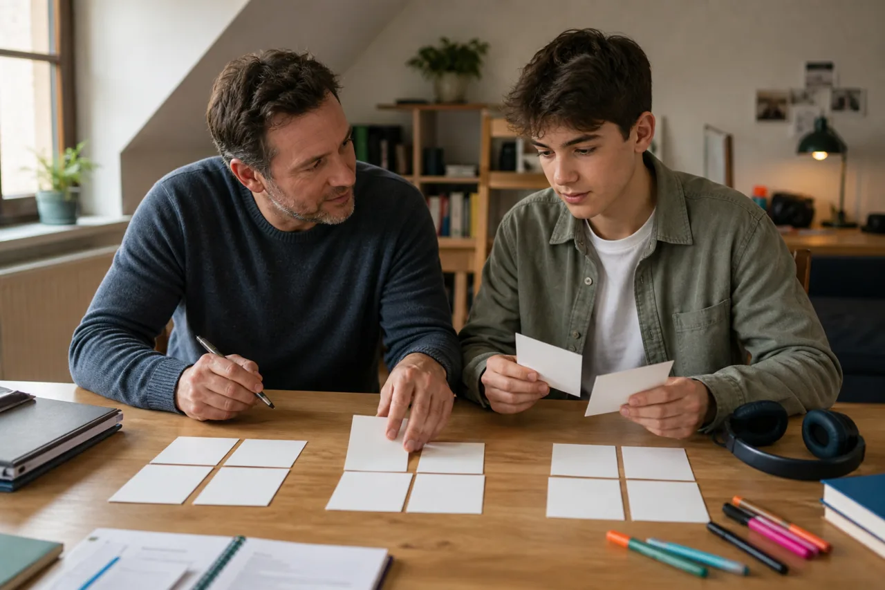 Ein Elternteil und ein Teenager sortieren gemeinsam leere Karten in drei Gruppen als Studienplan.
