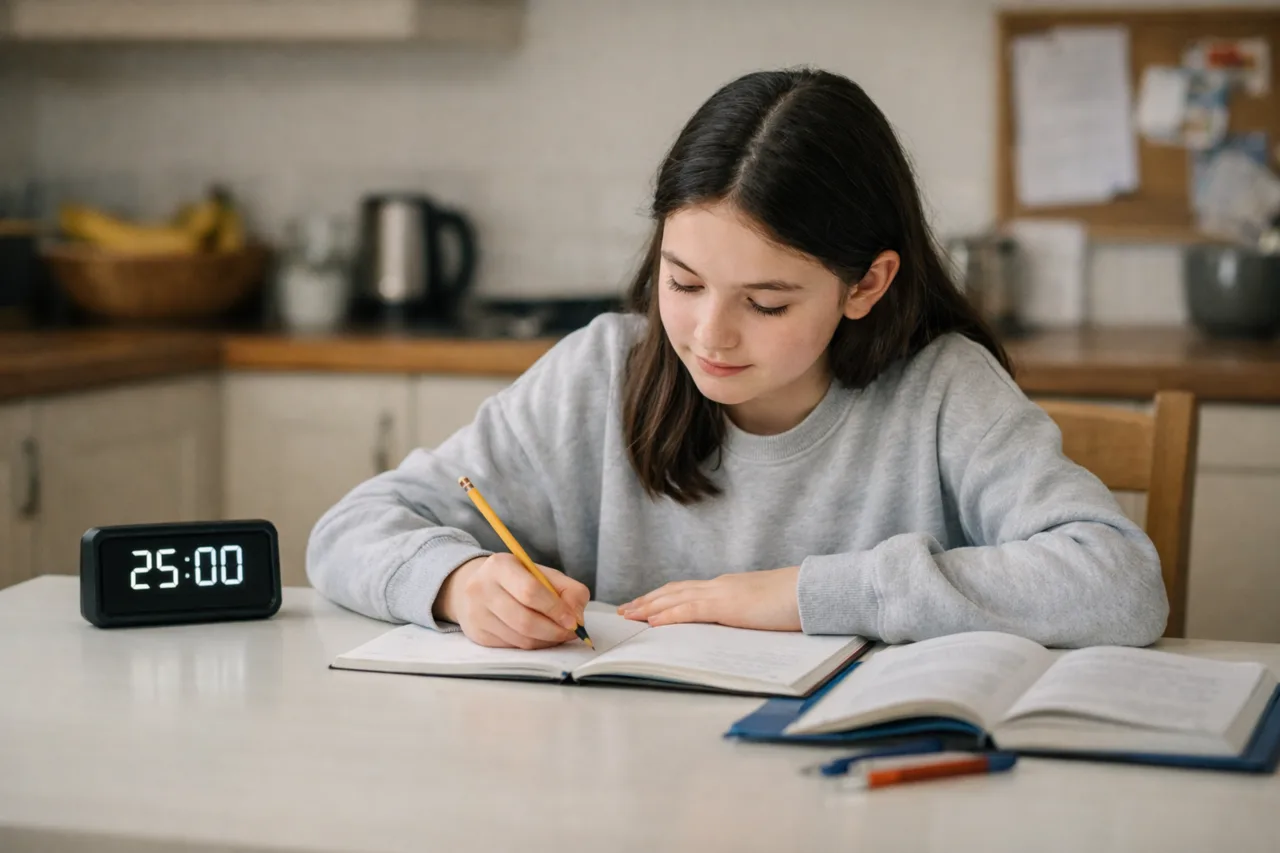 A student starts a study session at home with one clear task, a small timer and only the materials needed for that piece of work.