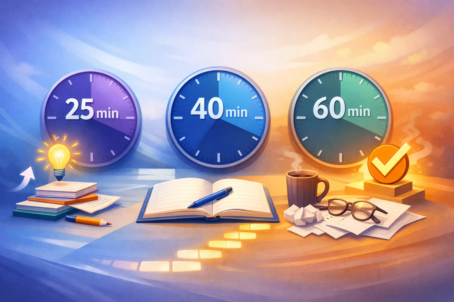 Illustration conceptuelle comparant des séances de 25, 40 et 60 minutes autour de matériel scolaire et de la question de la vraie durée utile.