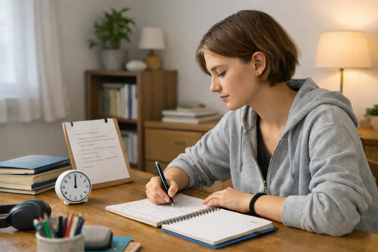 Un adolescent démarre une séance de travail avec une consigne claire, un minuteur discret et un espace de travail préparé.