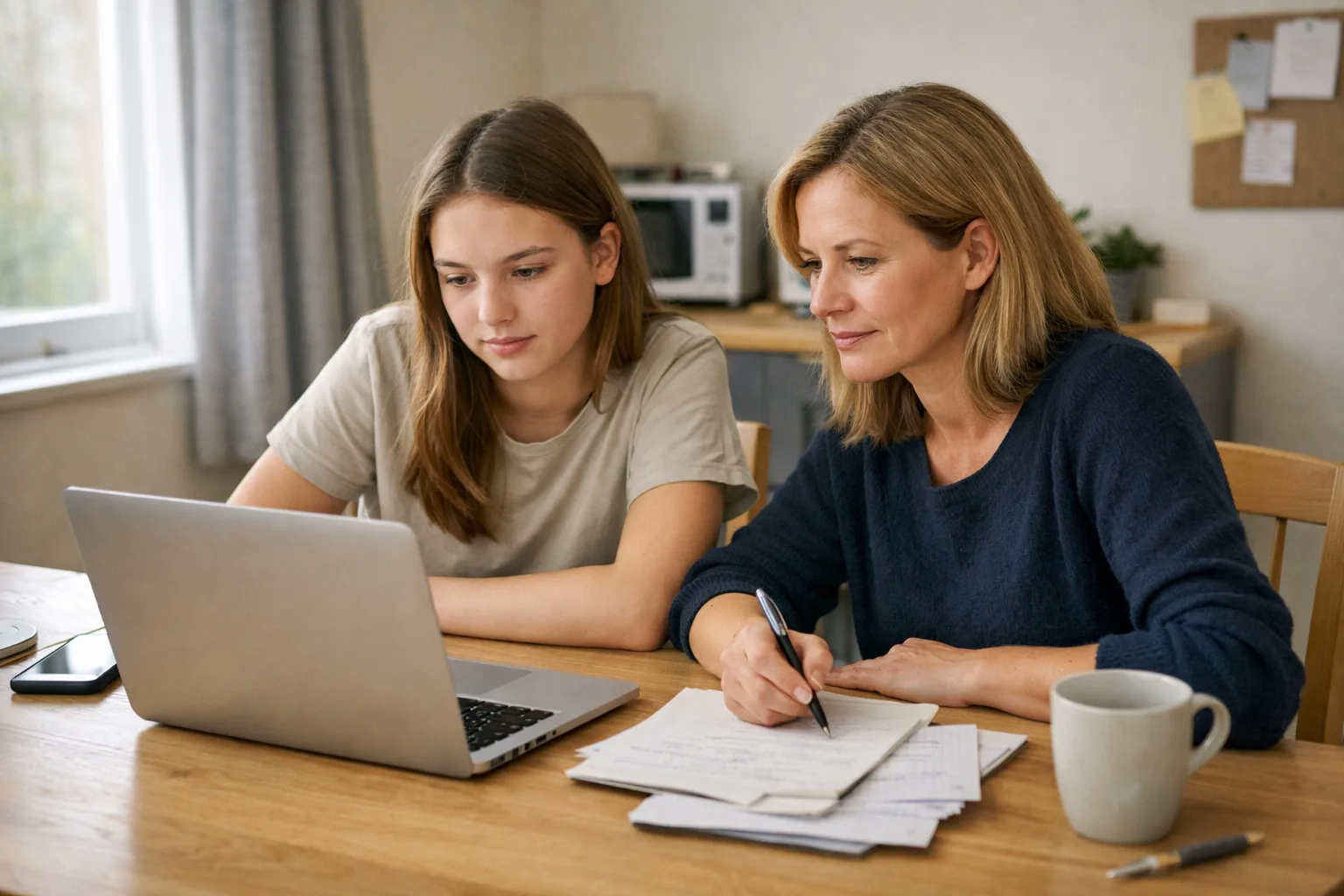 Parent and university applicant calmly reviewing notes and a laptop at a kitchen table on Results Day.