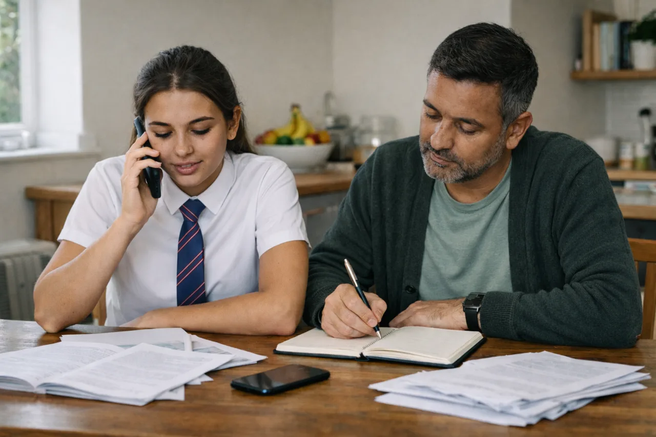 Student making a Clearing call while a parent sits beside them taking notes at home.