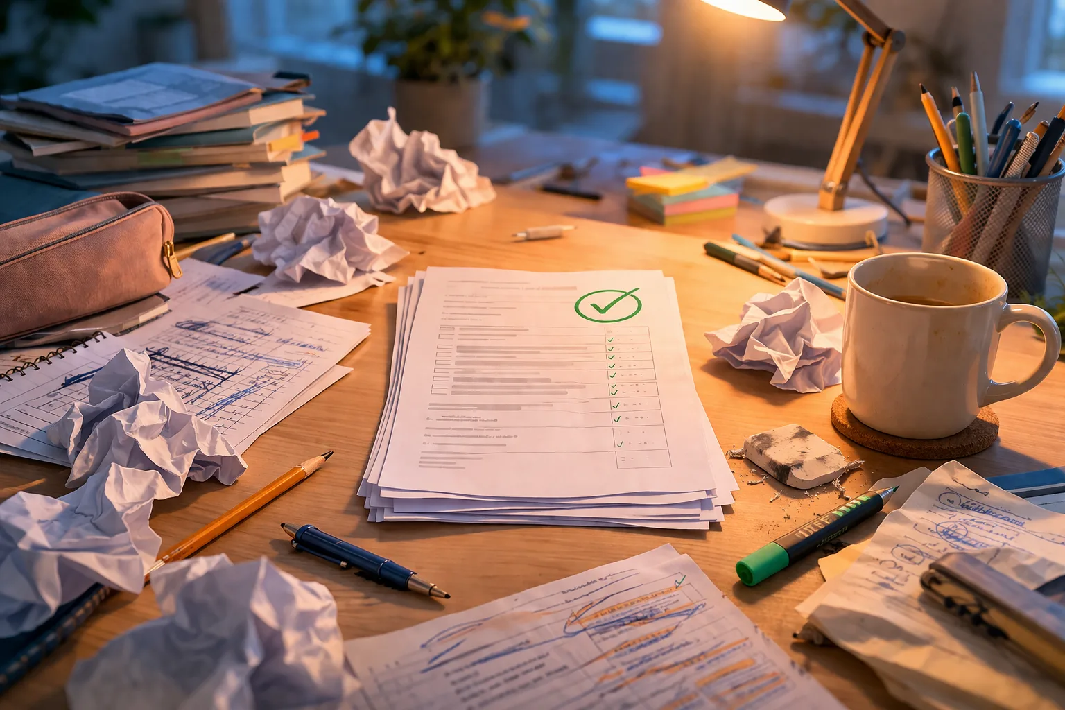 Ein Lernplatz, auf dem eine gut bewertete Arbeit von zerknitterten Entwürfen und abgenutzten Schulsachen umgeben ist.