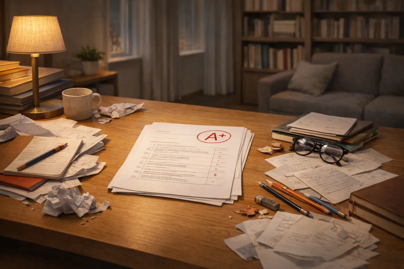 Un bureau d’étude où une copie bien réussie contraste avec des brouillons froissés et des fournitures usées, suggérant le coût caché de la réussite.