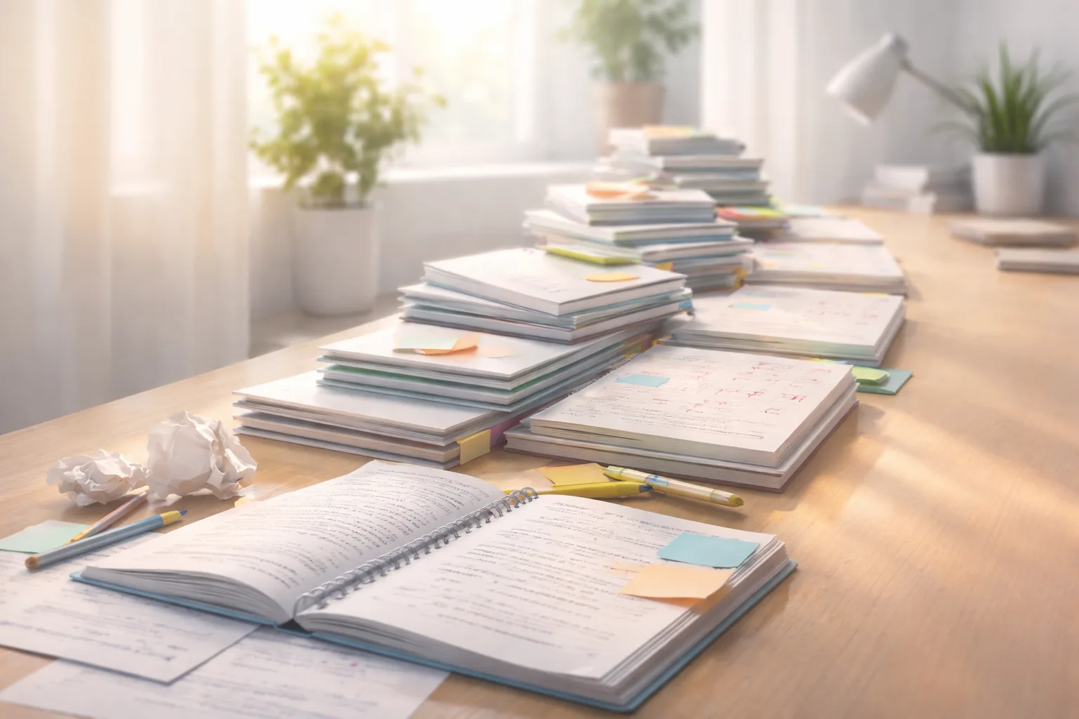 Métaphore visuelle d’une progression scolaire régulière à partir de cahiers et de feuilles de travail organisés comme des étapes.