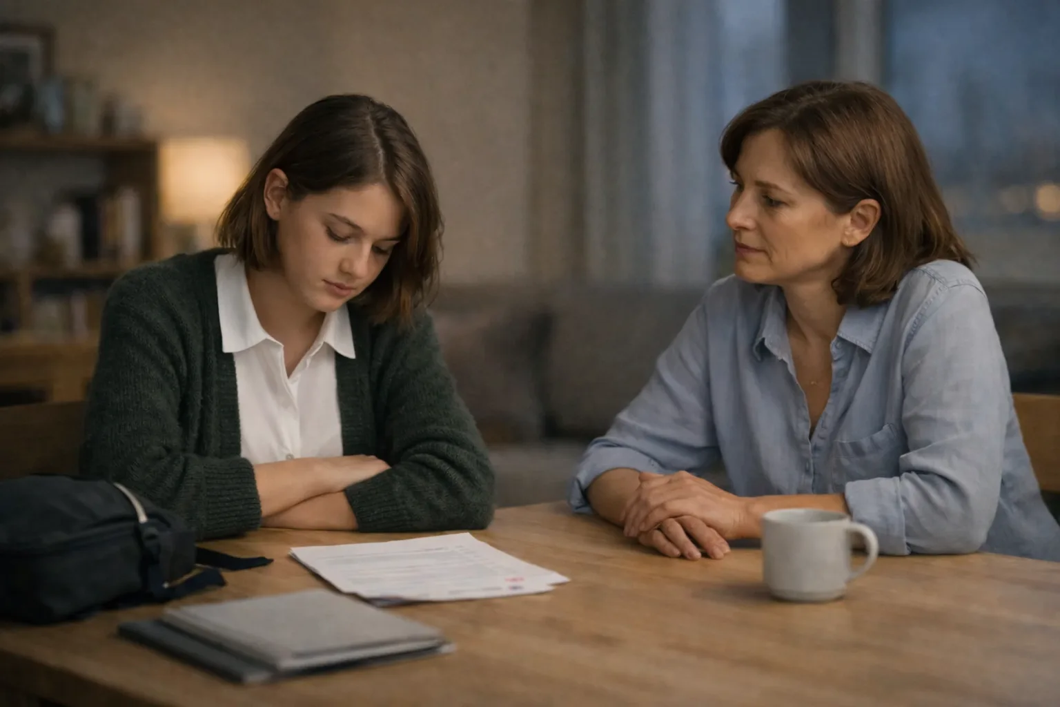 A parent and teenager sit at a table with a partly visible marked paper between them in a quiet, tense atmosphere.