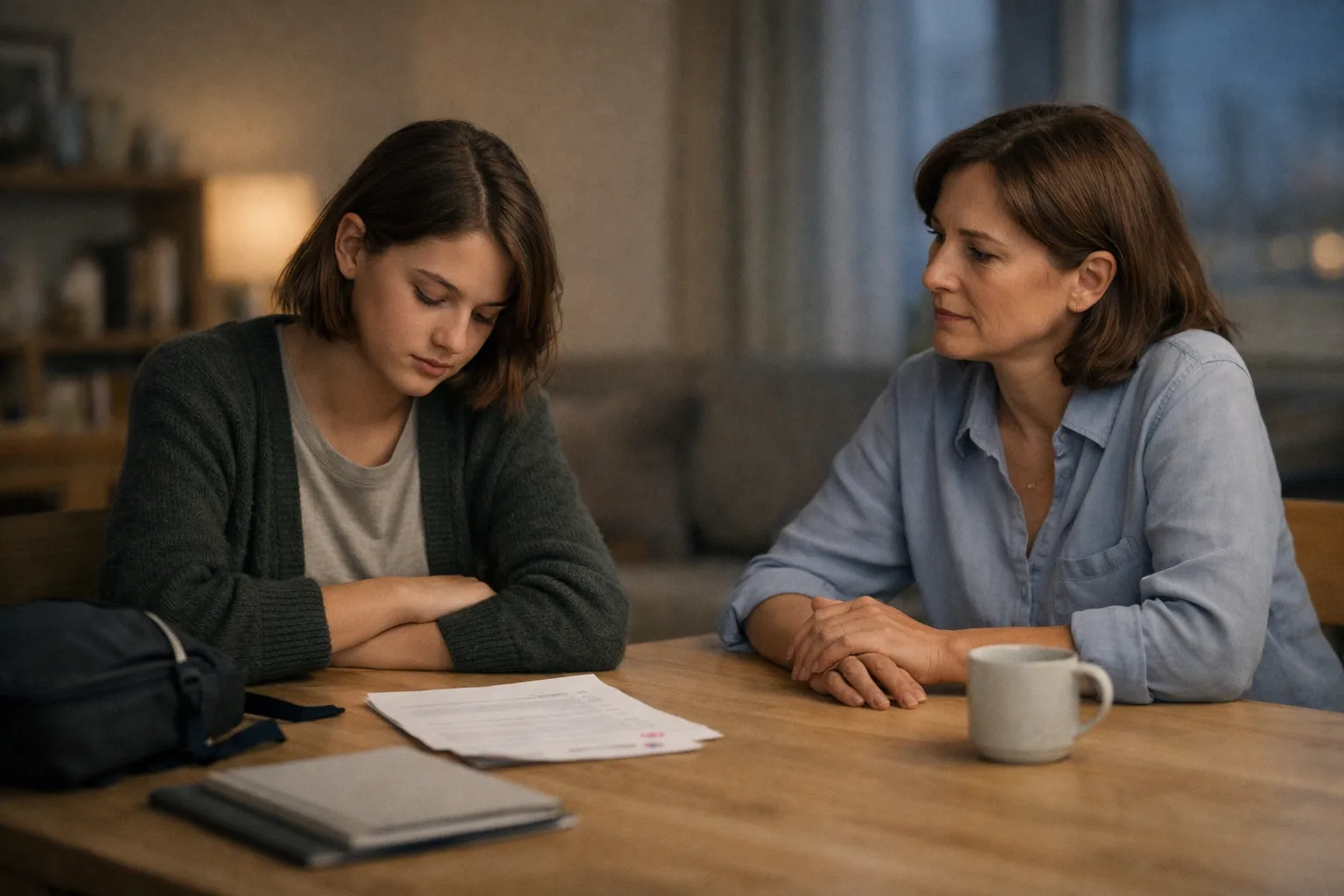 Un parent et un adolescent assis à une table, avec une copie notée à demi visible, dans une atmosphère tendue mais calme.