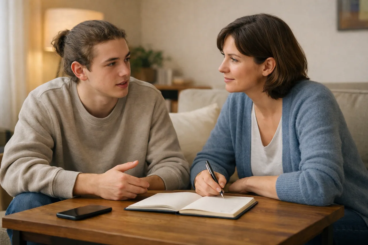 Un parent écoute calmement un adolescent à table, avec un carnet ouvert et un téléphone posé face contre table.