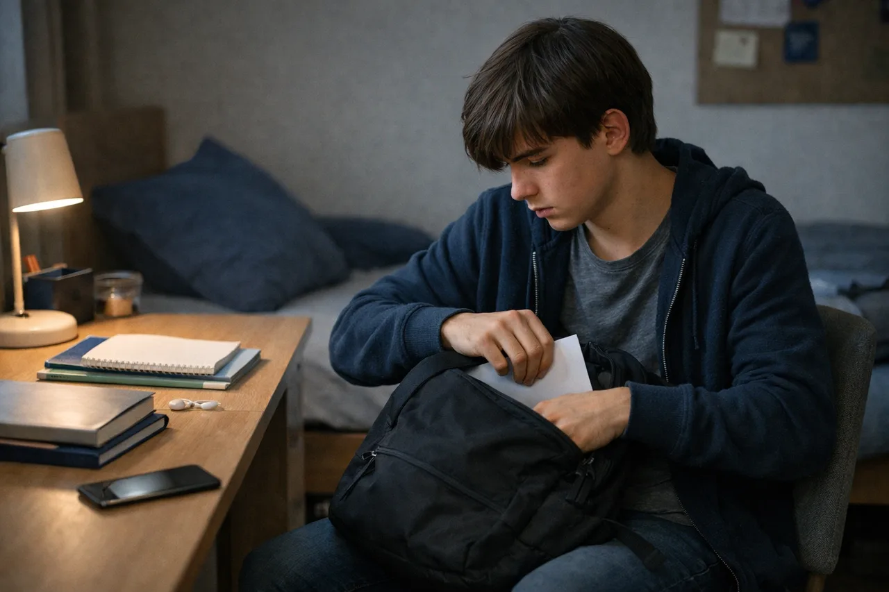 Un adolescent seul dans un coin de travail cache une copie dans son sac, avec un téléphone posé à côté.