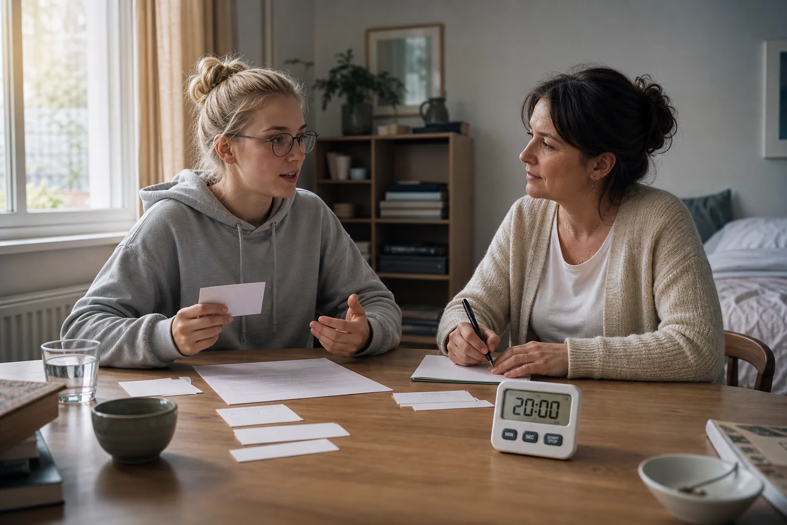 Ein Jugendlicher übt eine mündliche Prüfung am Tisch, während ein Elternteil zuhört und ein Countdown-Timer danebensteht.