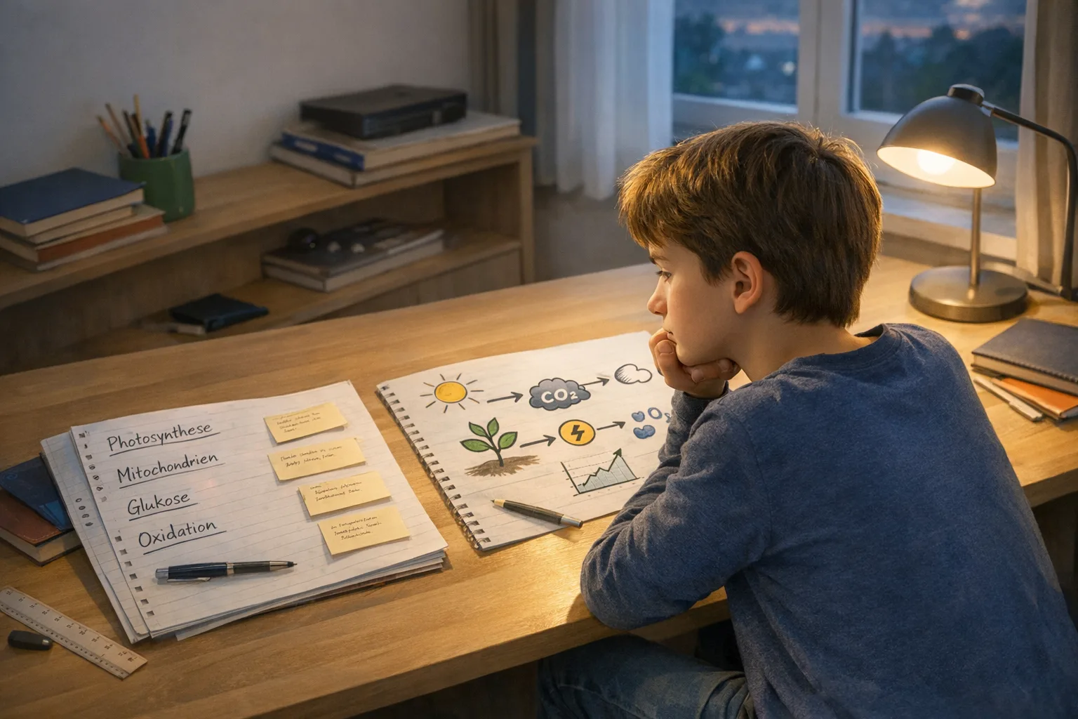 Teenager beim Lernen von Naturwissenschaften: auf einer Seite Fachbegriffe, auf der anderen ein Schema mit Ursachen und Wirkungen.
