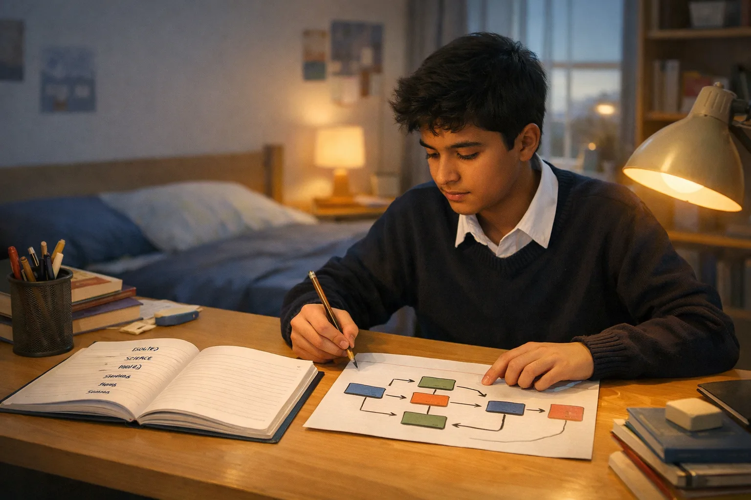 Teenager revising science with isolated terms on one side and a cause-and-effect diagram on the other.