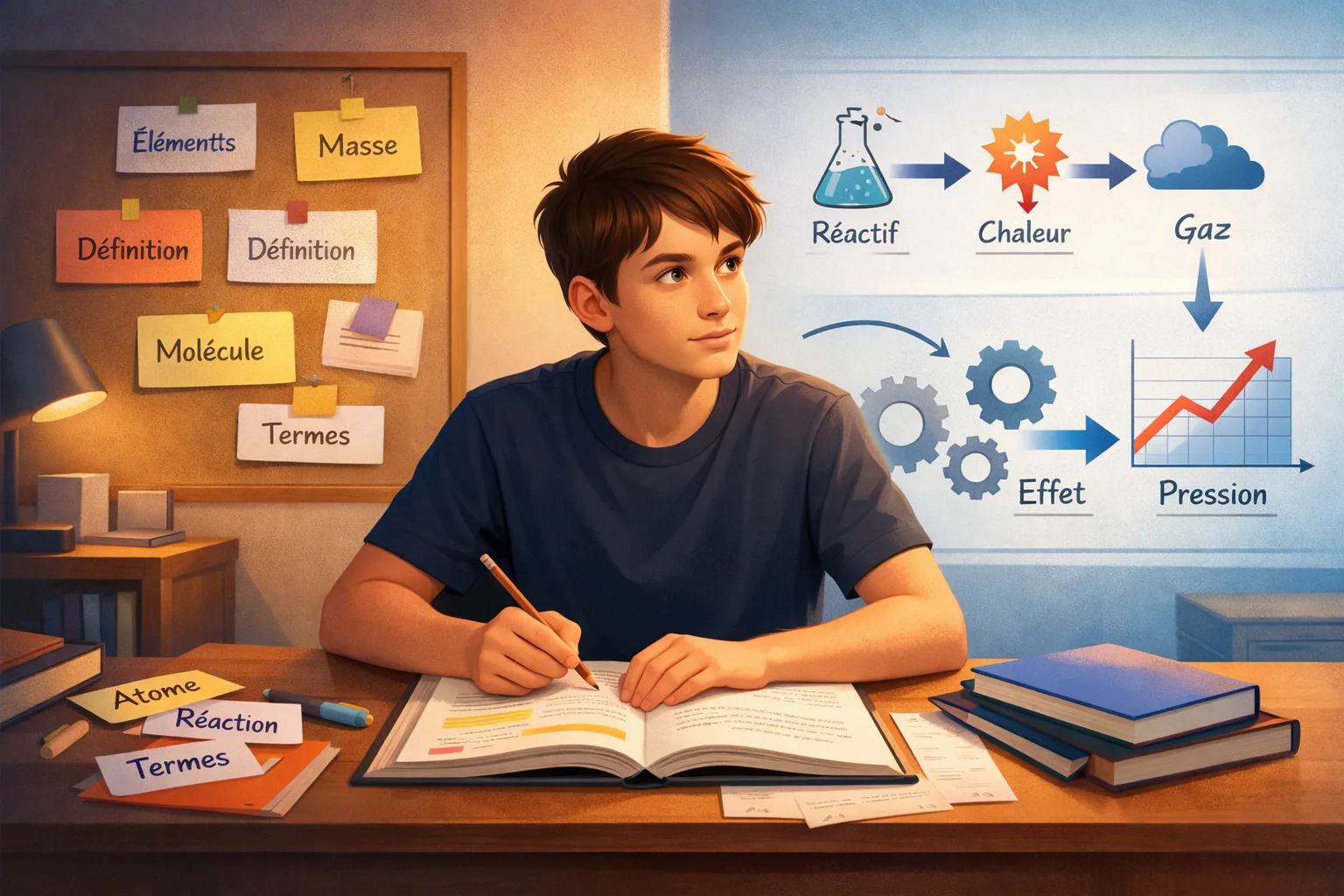 Adolescent révisant les sciences avec d’un côté une liste de termes et de l’autre un schéma qui relie causes et effets.