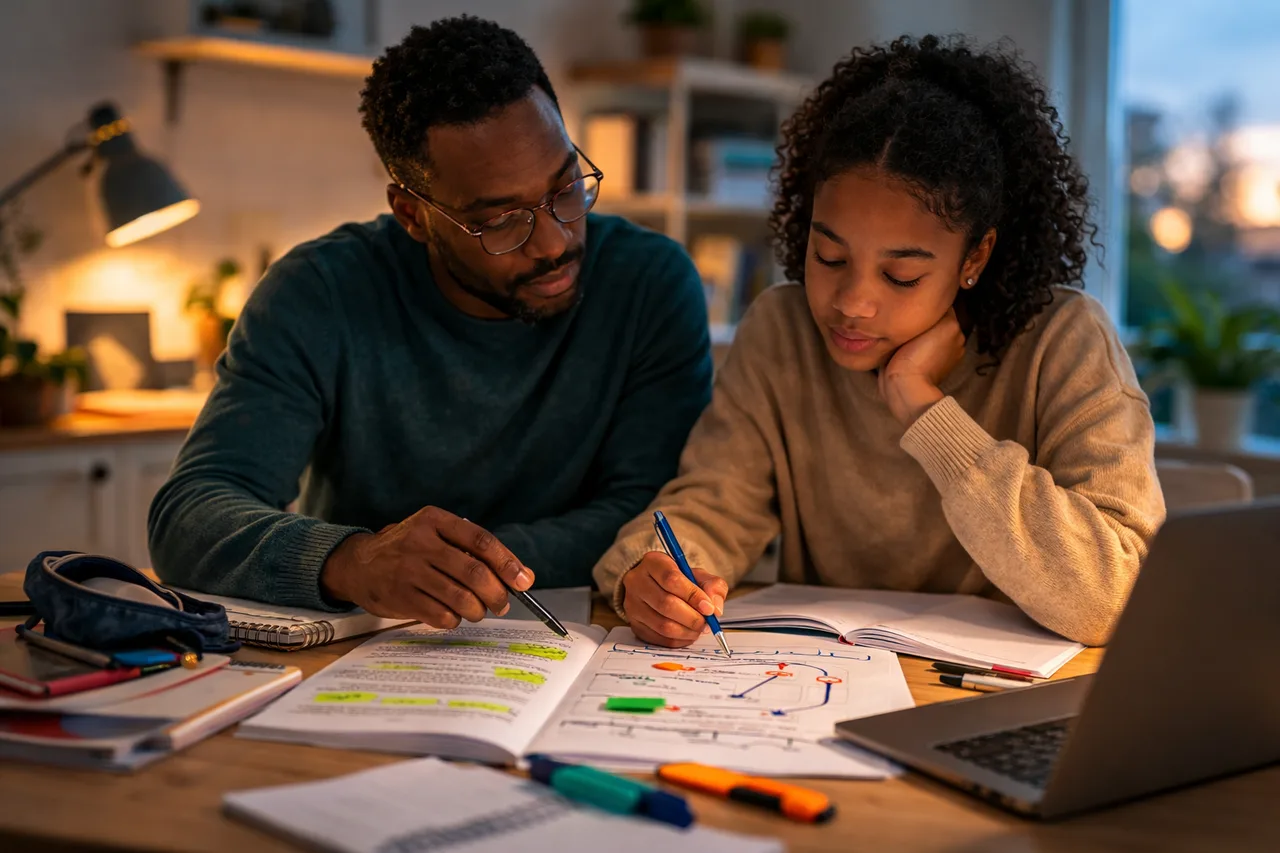 Parent et adolescent analysant un exercice de sciences pour comprendre ce qui bloque réellement.
