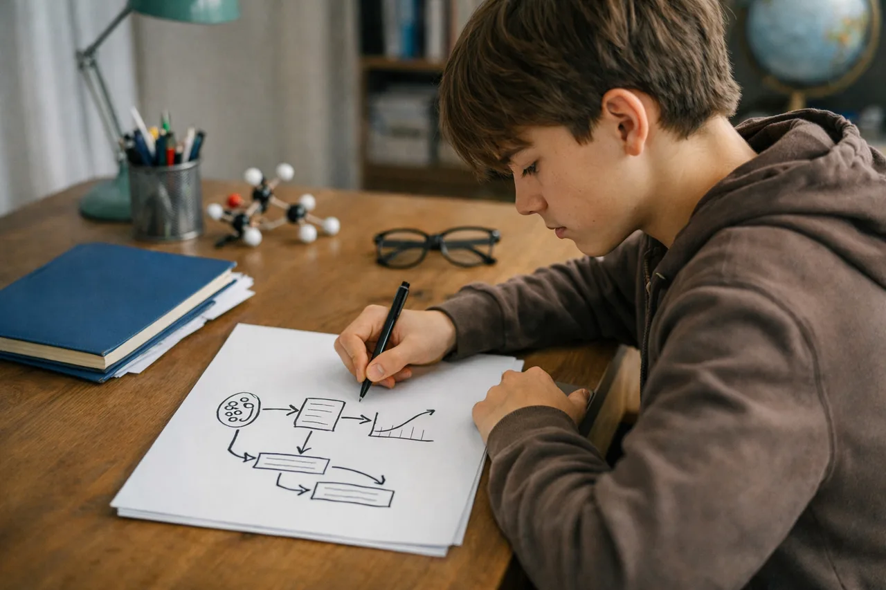 Adolescent qui réexplique un mécanisme scientifique de mémoire en le redessinant sur une feuille.