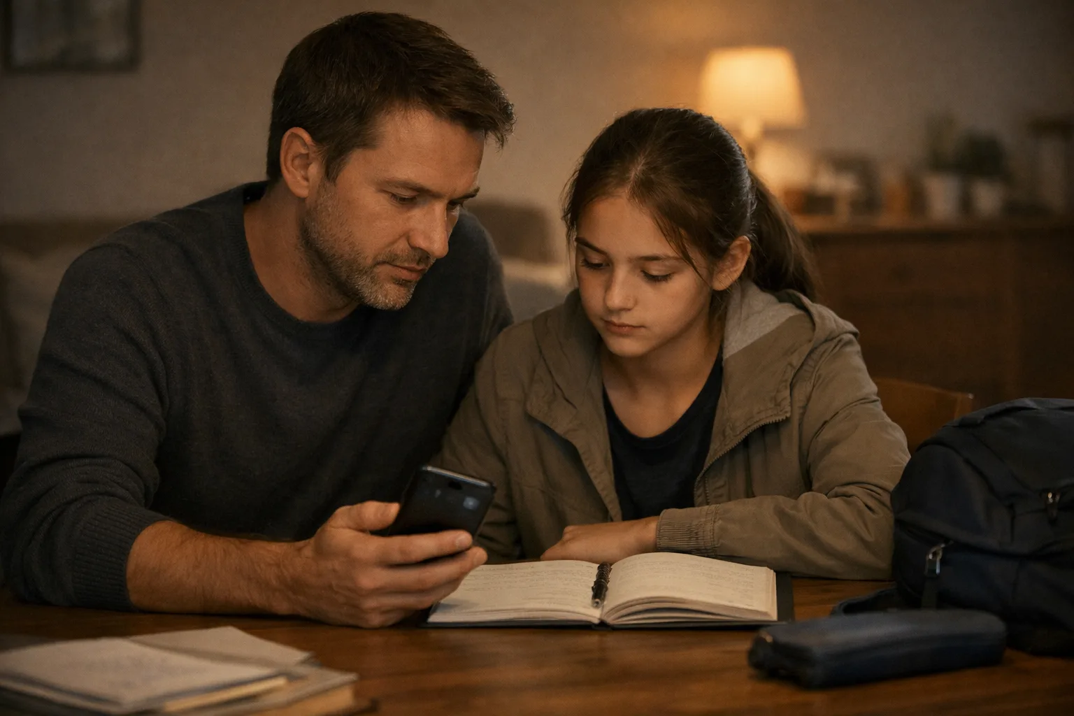 Un parent et un adolescent assis à une table, regardant un téléphone et des notes pour réagir à une situation scolaire difficile.