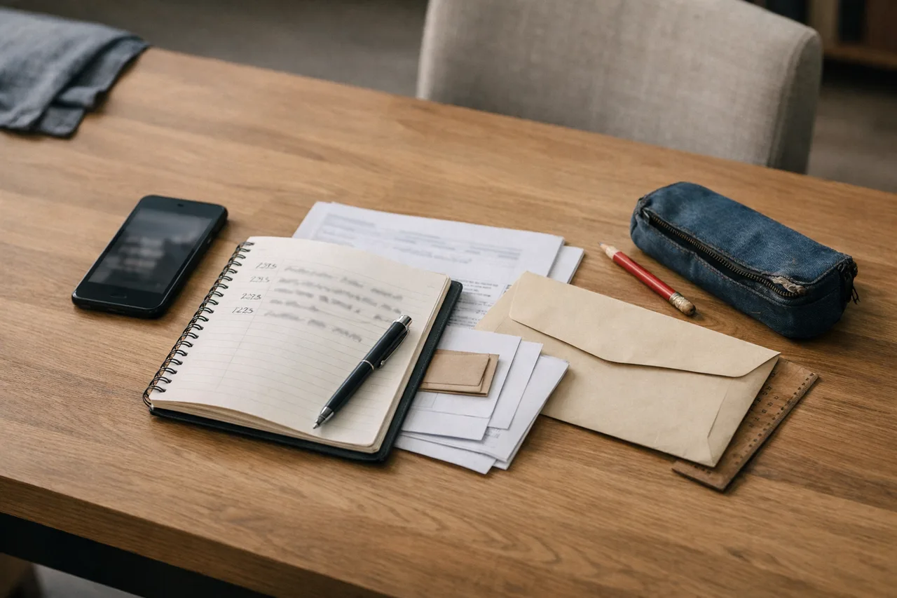 Sur une table, un téléphone, un carnet et des documents scolaires forment un dossier de suivi ordonné autour d’une situation de harcèlement.