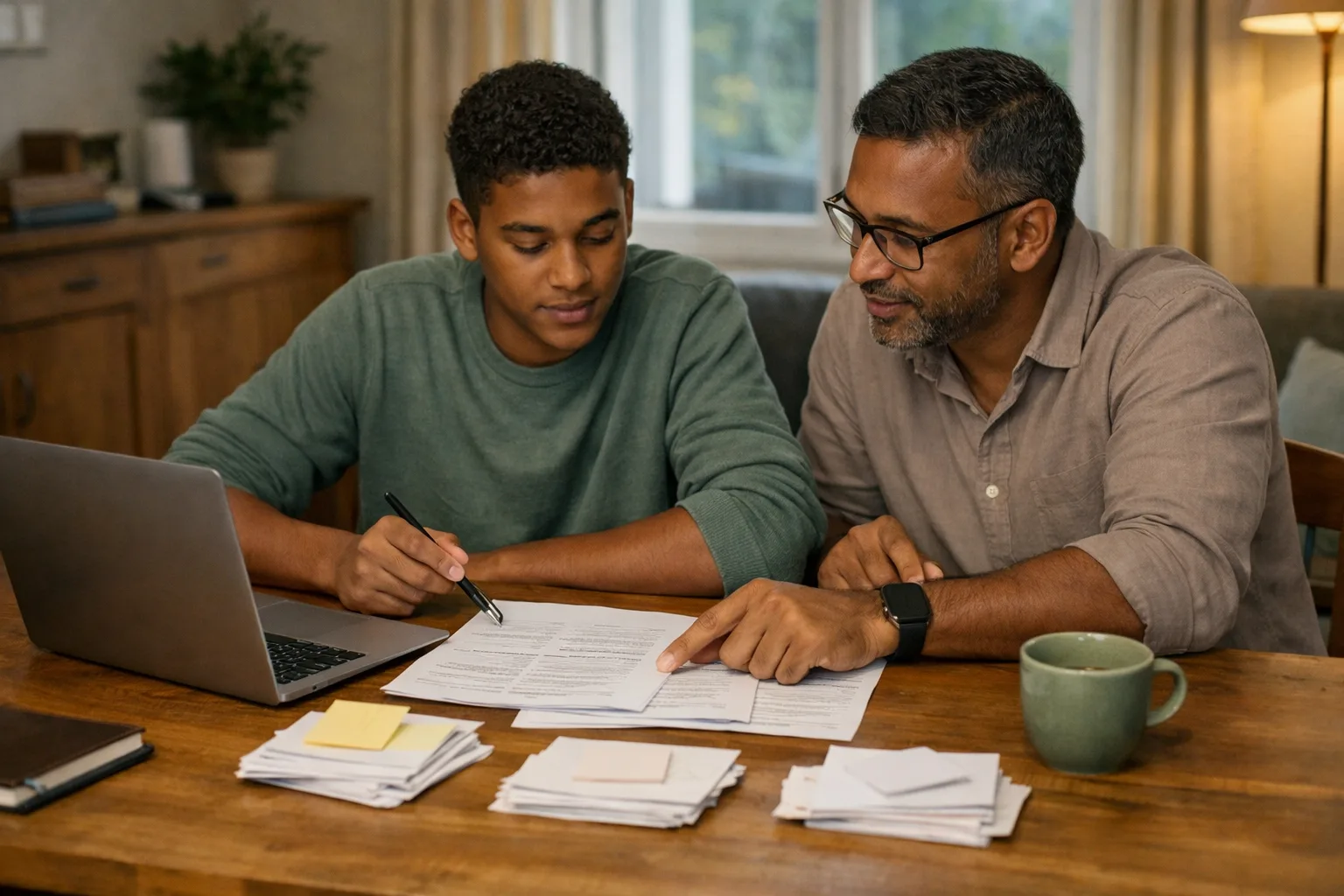 Un parent et un lycéen comparent calmement plusieurs options d’études post-bac autour d’une table.