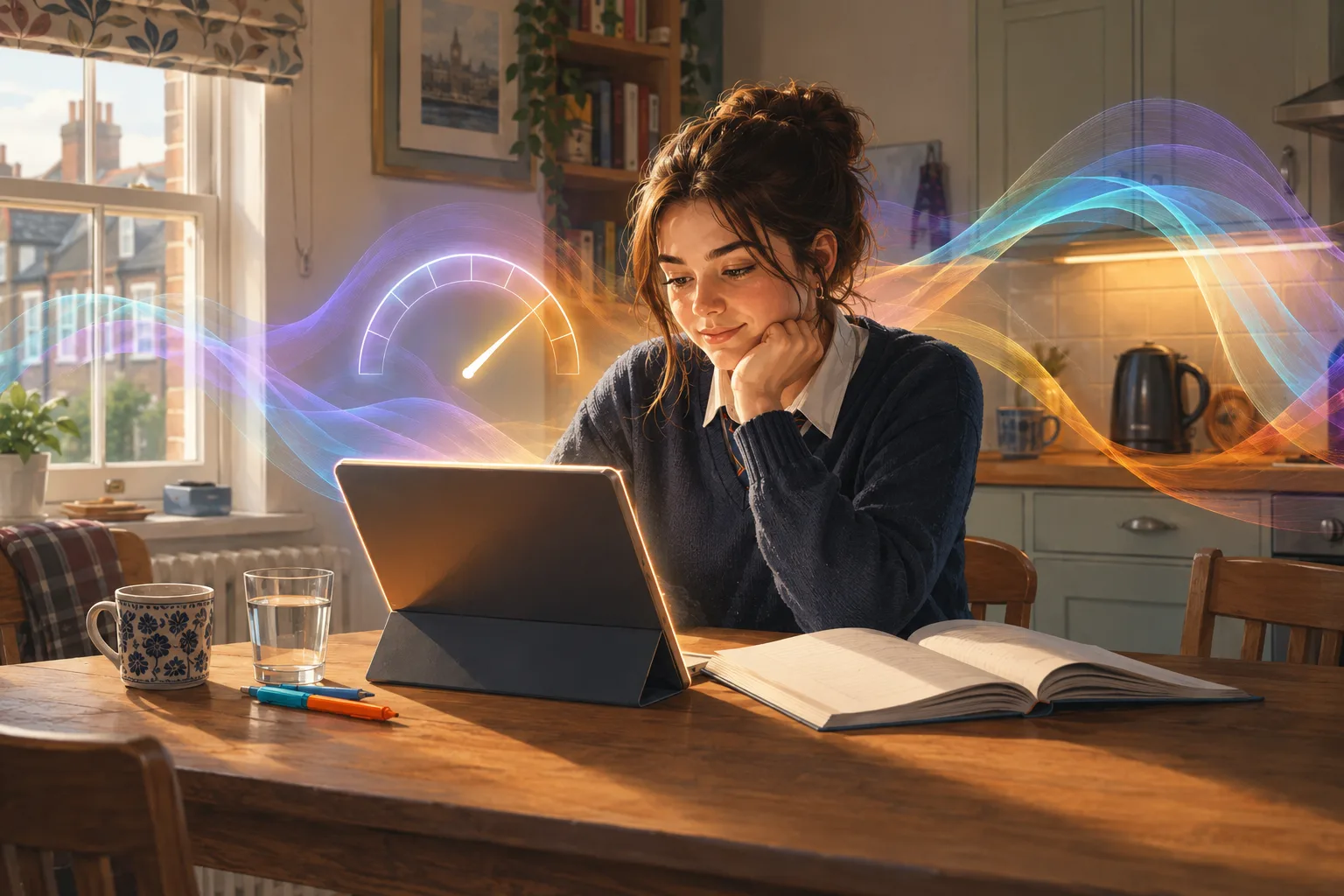 Student studying beside a glowing screen and an open notebook, suggesting a gap between digital confidence and real mastery.