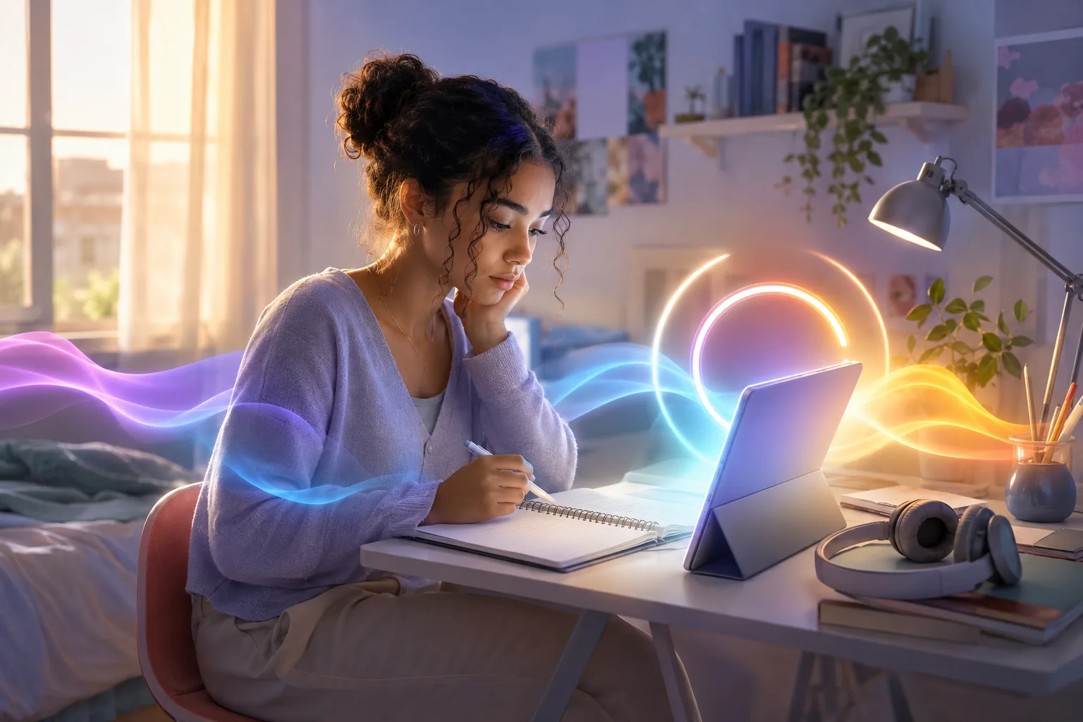 Schülerin oder Schüler arbeitet vor einem hellen Bildschirm mit offenem Heft daneben, zwischen digitaler Sicherheit und noch fragilem Lernen.