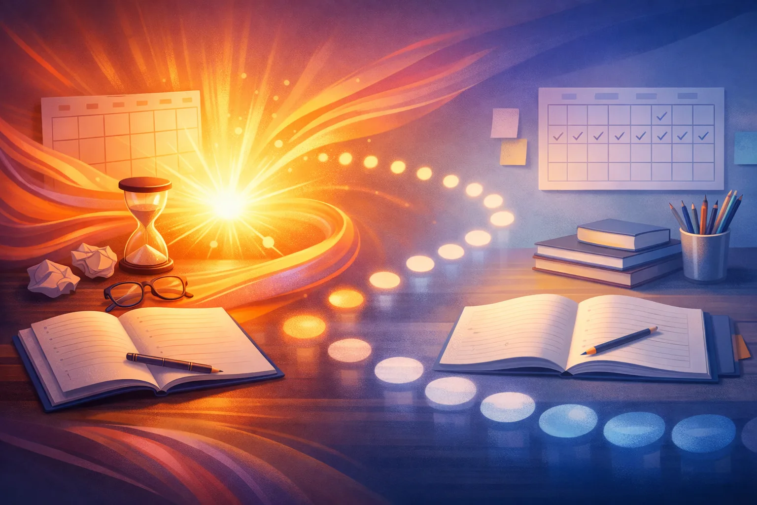 Conceptual illustration contrasting a short burst of motivation with a steadier, structured study routine.