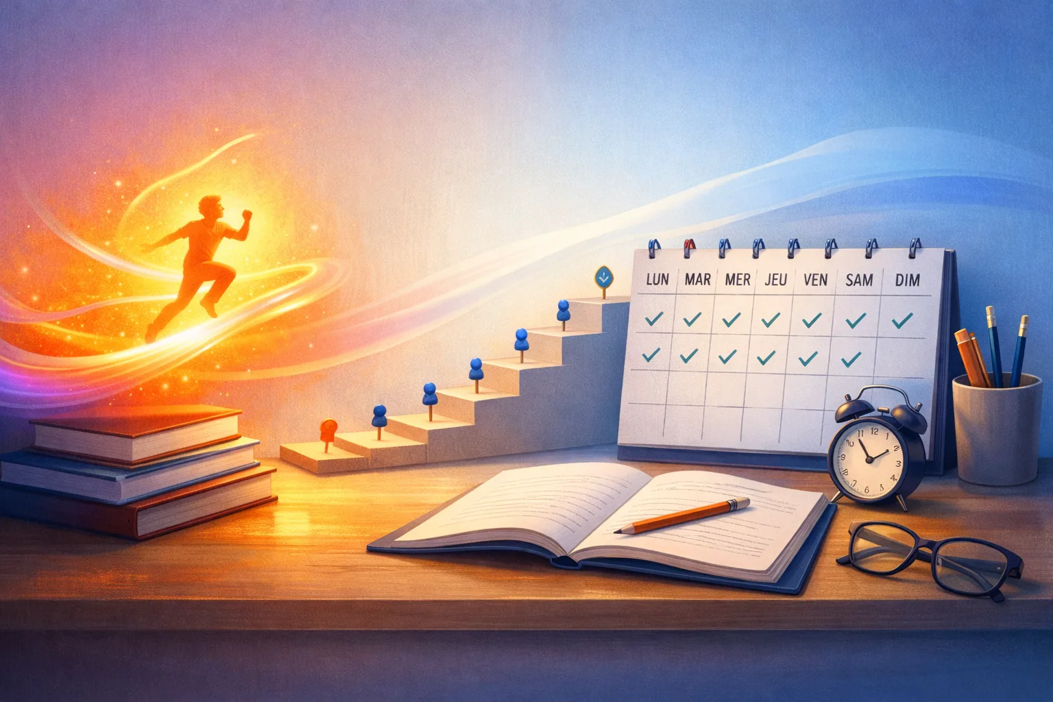 Illustration conceptuelle opposant un élan de motivation bref à une routine de travail plus régulière et structurée.