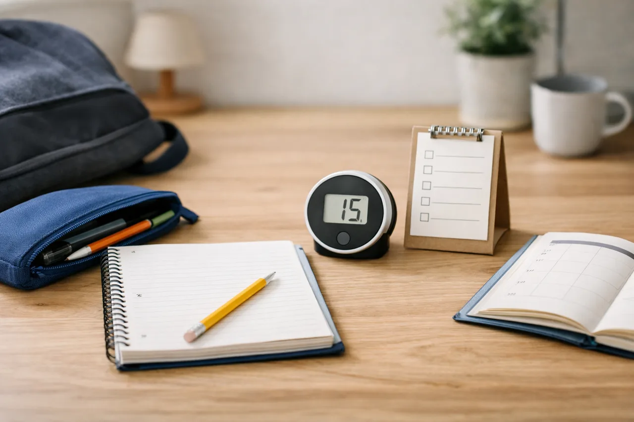 Une table de travail simple avec cahier ouvert, minuteur et matériel prêt pour une courte séance.