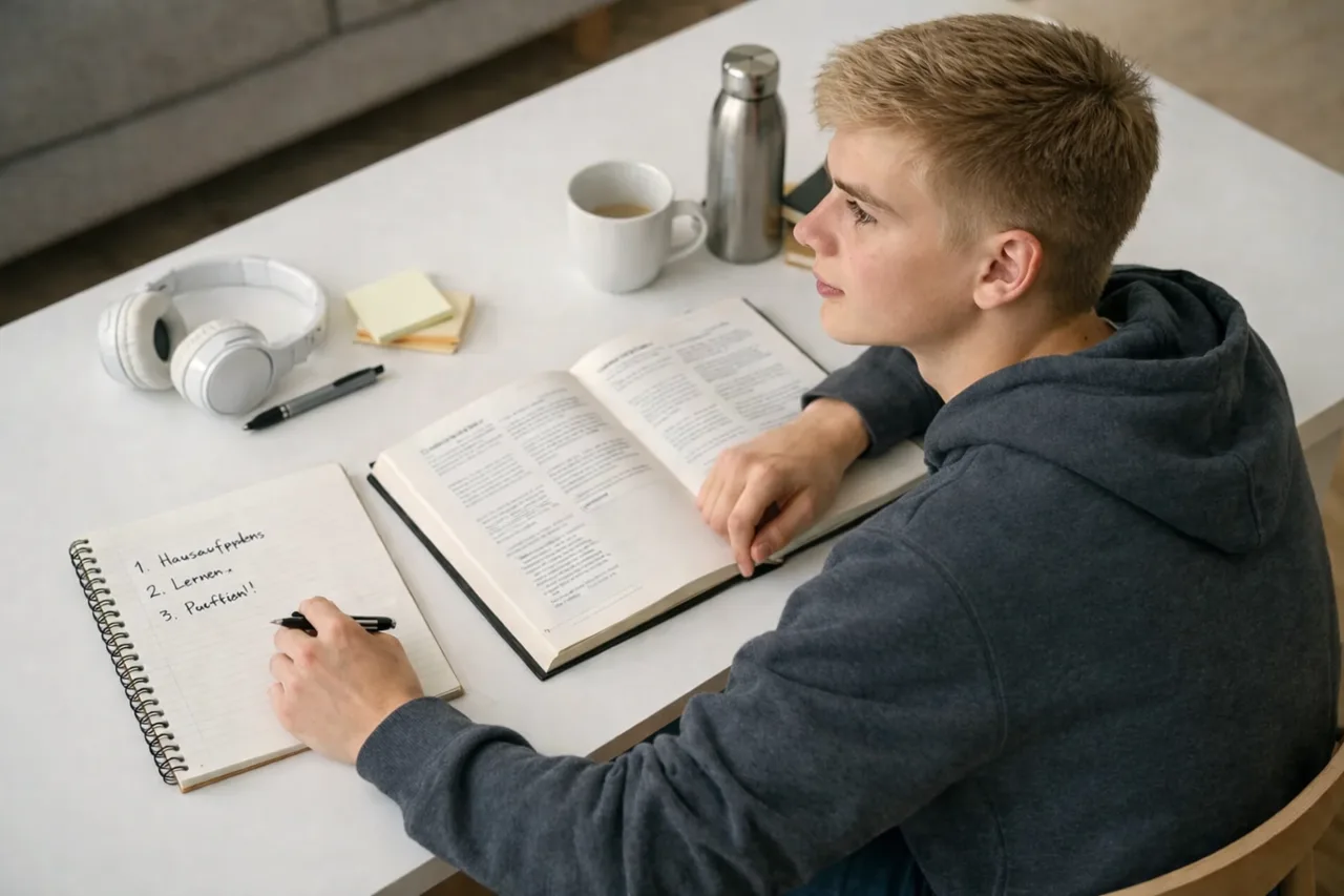 Ein Schüler arbeitet mit einem kurzen Abschnitt eines Kapitels und notiert nur wenige Stichwörter und Abruffragen in sein Heft.