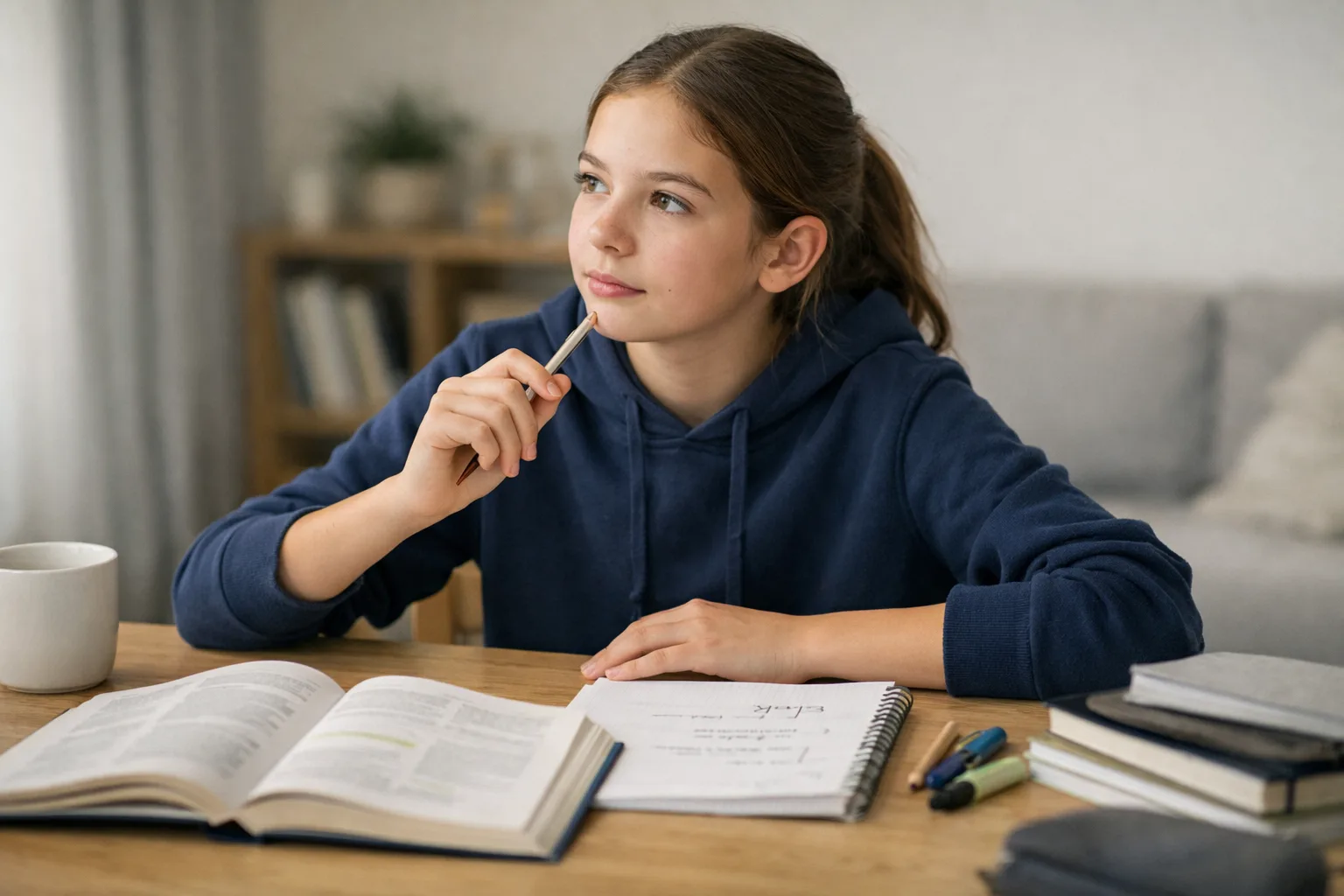 Un adolescent travaille un chapitre ouvert à son bureau, puis s’arrête pour le reformuler dans un cahier avec quelques repères.