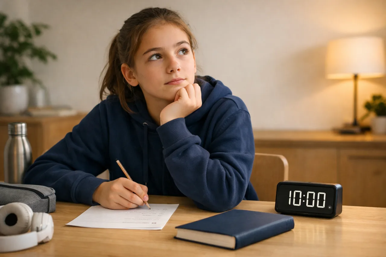 Un élève rappelle un chapitre livre fermé, avec une petite feuille de synthèse et un minuteur de concentration posé sur le bureau.