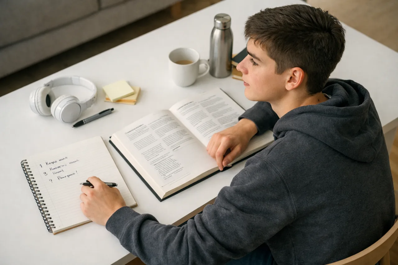 Un élève lit un petit bloc de chapitre et n’en garde que quelques repères courts dans son cahier.