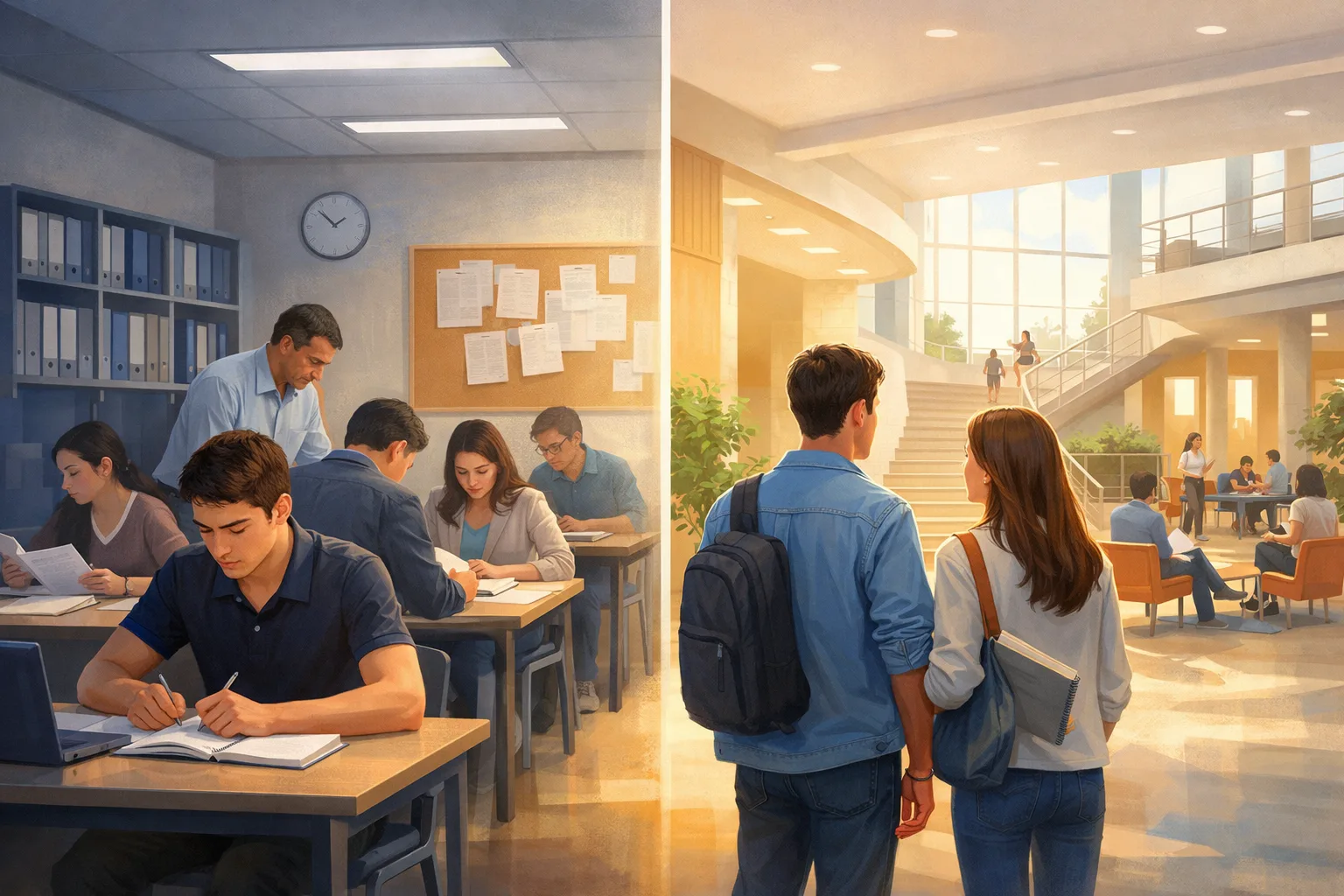 Deux environnements d’études contrastés, l’un très cadré et l’autre plus ouvert, symbolisent le choix entre prépa ECG et licence éco-gestion.