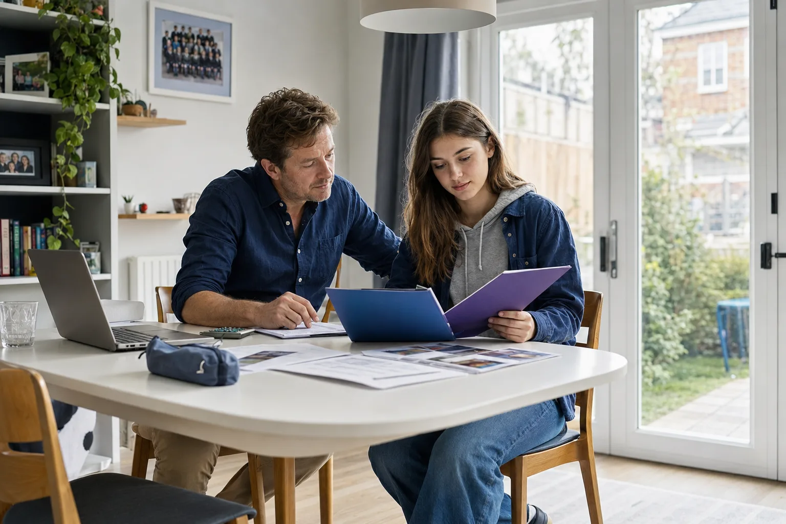 A parent and teenager compare university offers and budget paperwork at a family dining table.