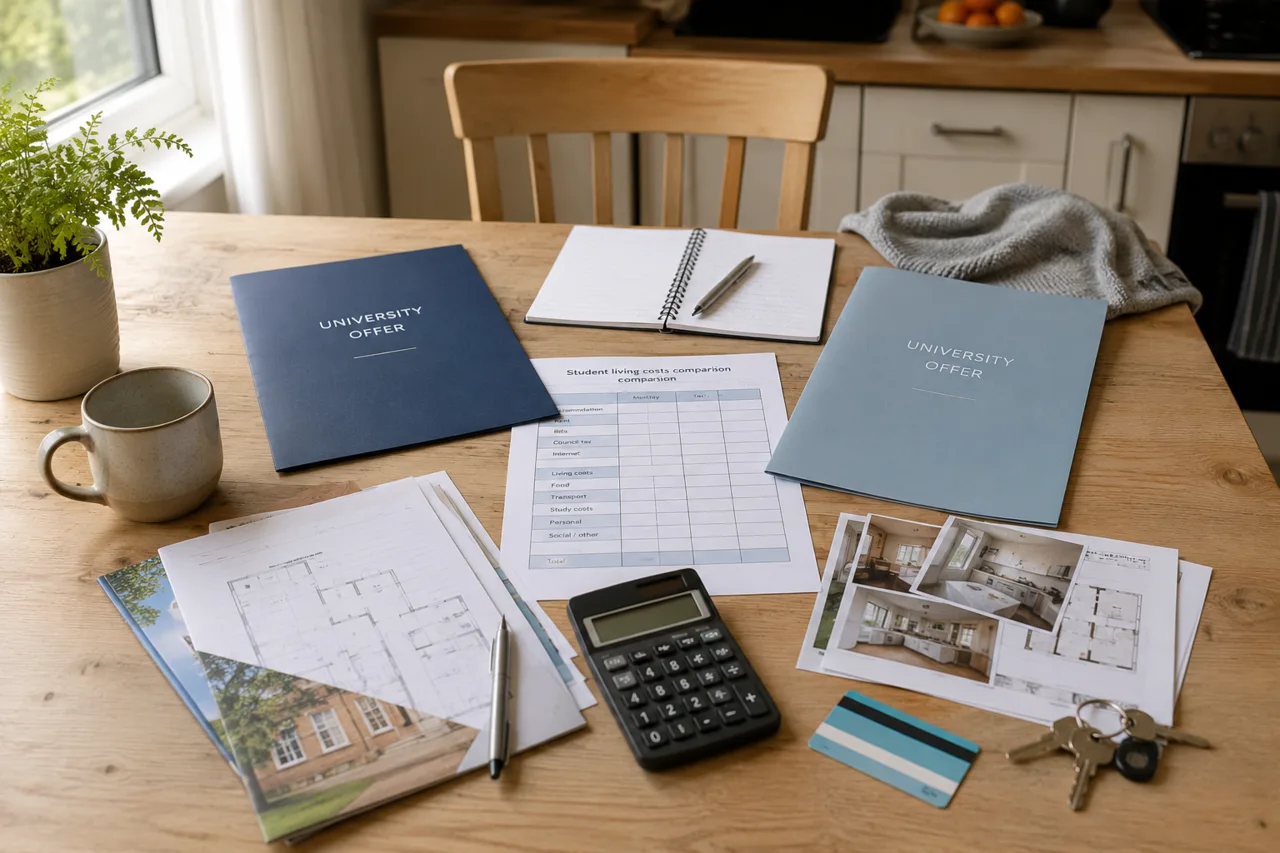 Two university offer folders, a budget worksheet, a calculator and accommodation paperwork laid out for comparison.