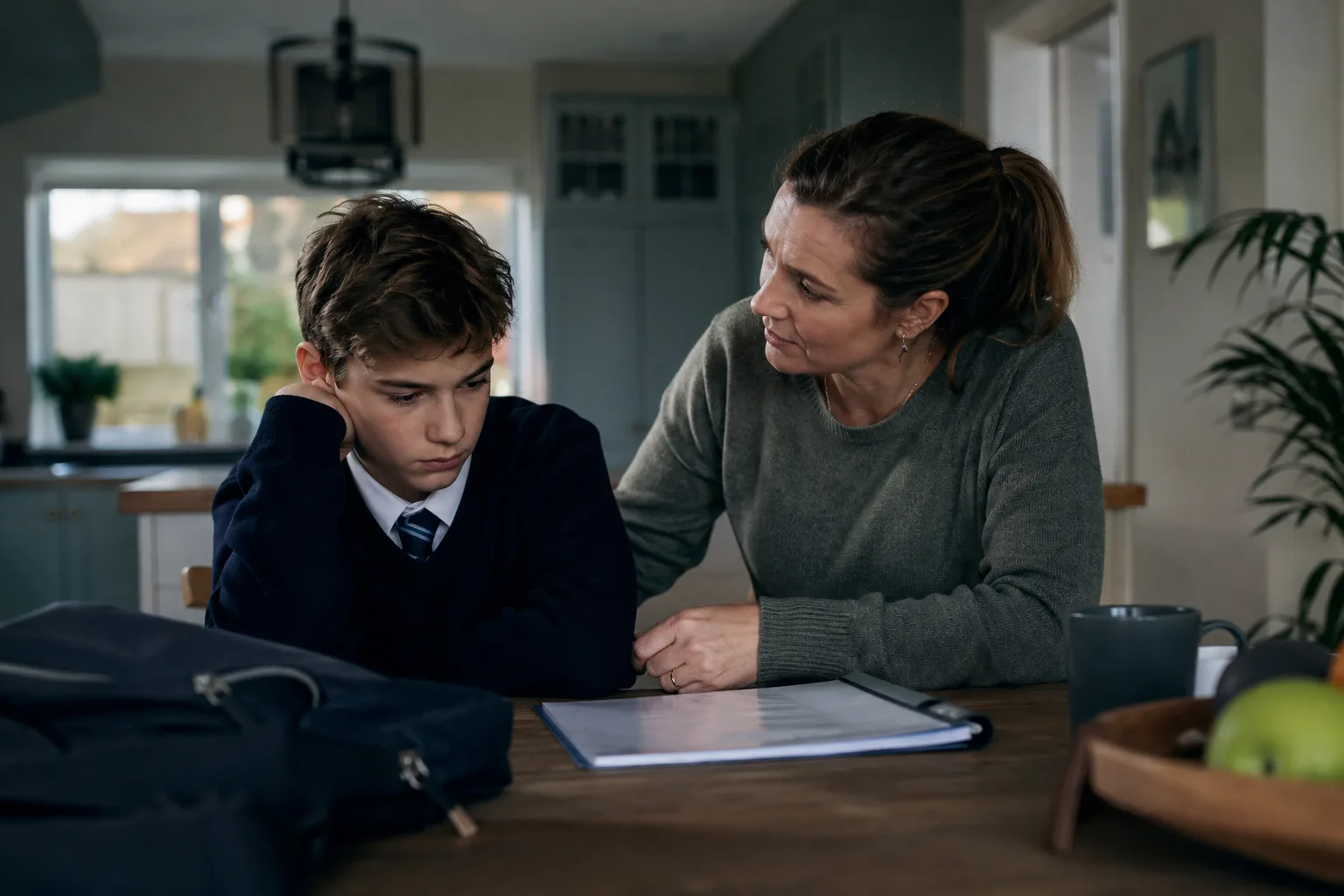 A parent calmly listens as a child hesitates near the front door before school.