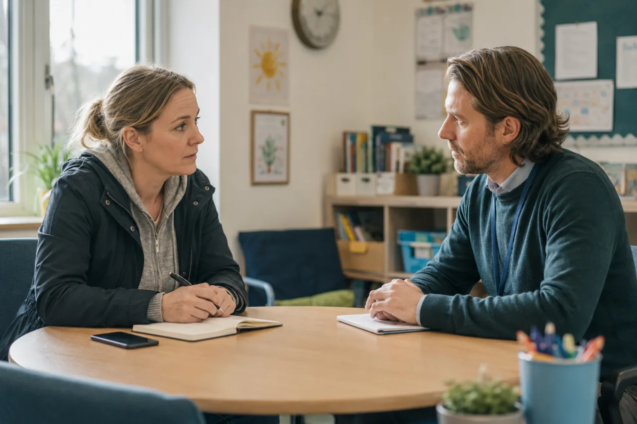 A parent and school staff member discuss attendance concerns calmly in a small school office.