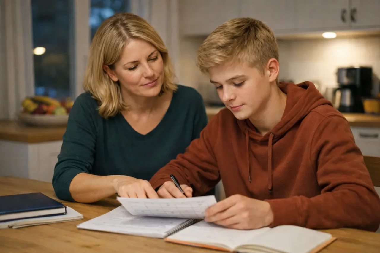 Ein Elternteil und ein Jugendlicher schauen in der Küche kurz gemeinsam auf einen Lernplan, ohne angespannte Kontrolle.