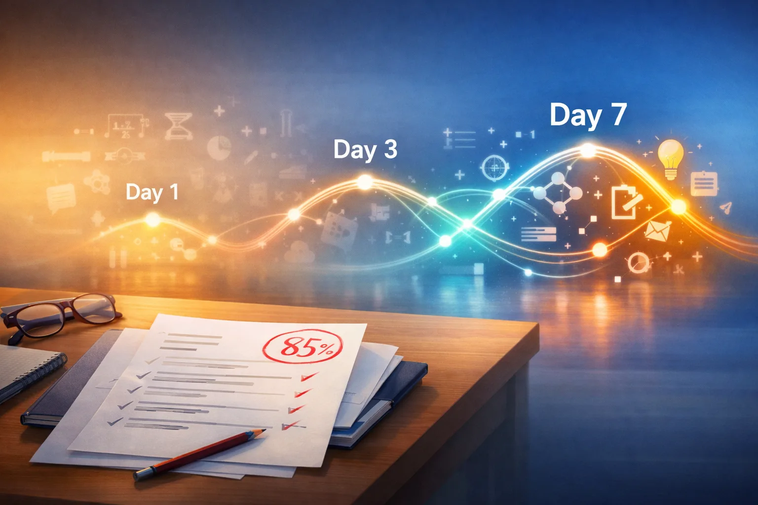 Concept image showing a good test mark followed by rapid forgetting, then stronger memory through spaced recall over several days.