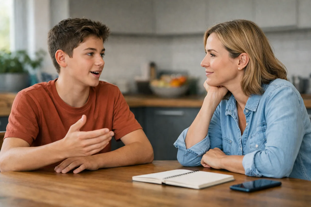 Parent calmly listening to a student explain a lesson without notes in a brief, non-intrusive exchange.